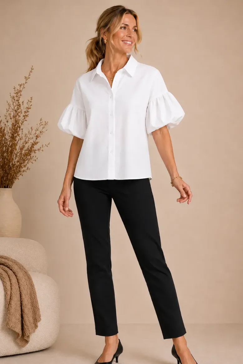 TENCEL PUFF SLEEVE BUTTON FRONT SHIRT