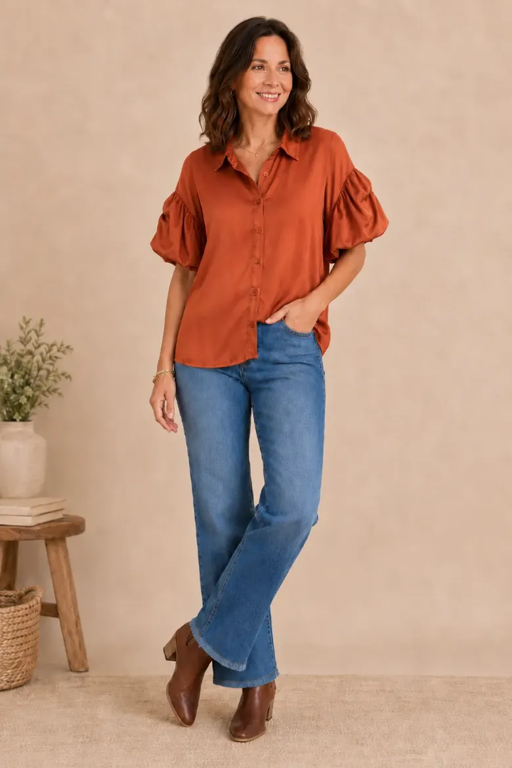 TENCEL PUFF SLEEVE BUTTON FRONT SHIRT