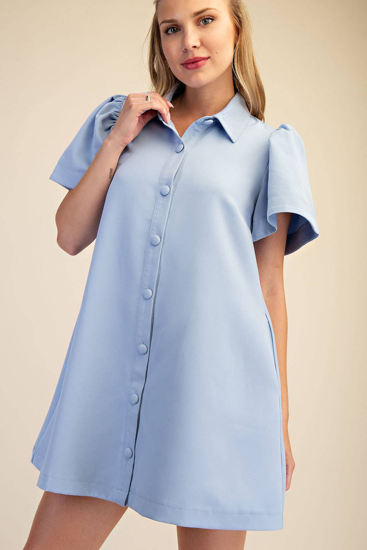 Glam Collar Neck Button Down Mini Dress