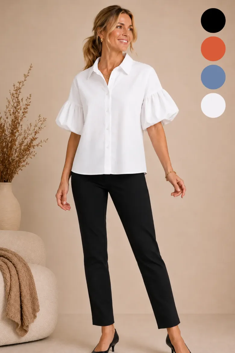 TENCEL PUFF SLEEVE BUTTON FRONT SHIRT