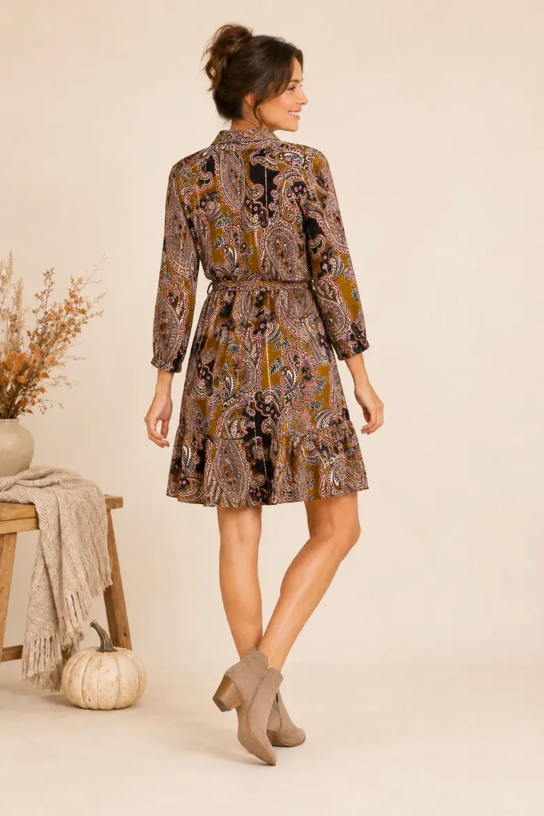 PAISLEY LUREX CHALLIS BALLOON SLEEVE DRESS