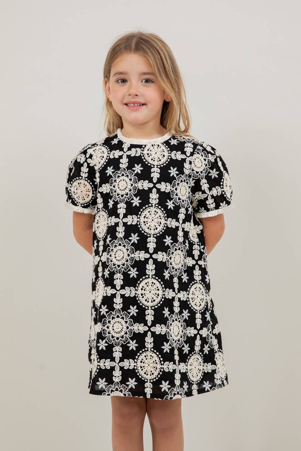VOY Children’s Floral Embroidered Short Sleeve Dress- Black and Cream