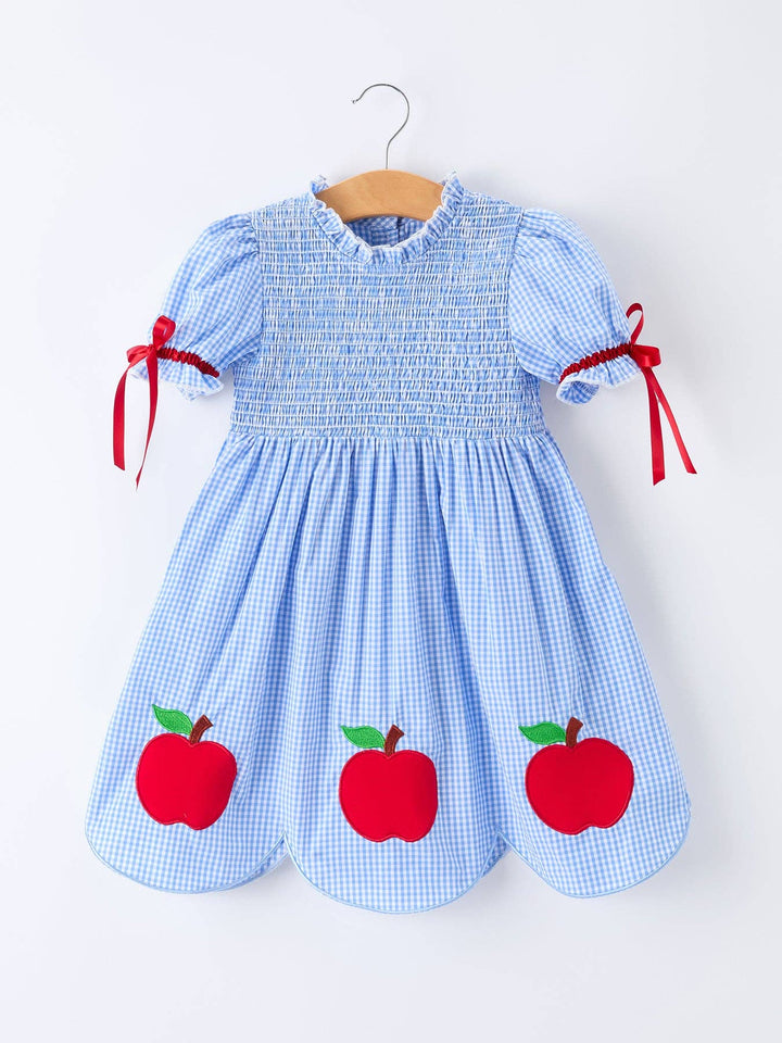 Back To School Apple Applique Plaid Girls Smocked Dress