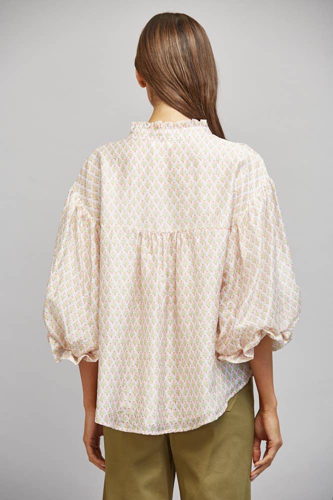 FLORAL BLOCK PRINT TENCEL BLEND RUFFLE BLOUSE FT21343