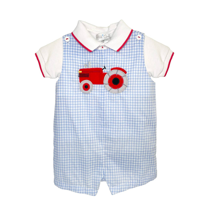 Blue Plaid Romper with Tractor Applique