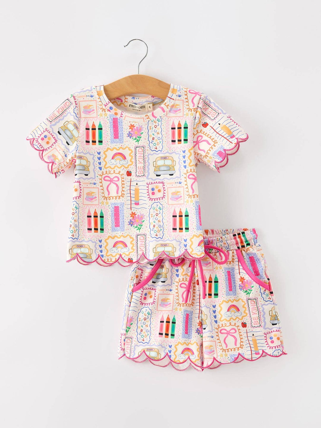 Girls Back to School Short Set with Scalloped Hem