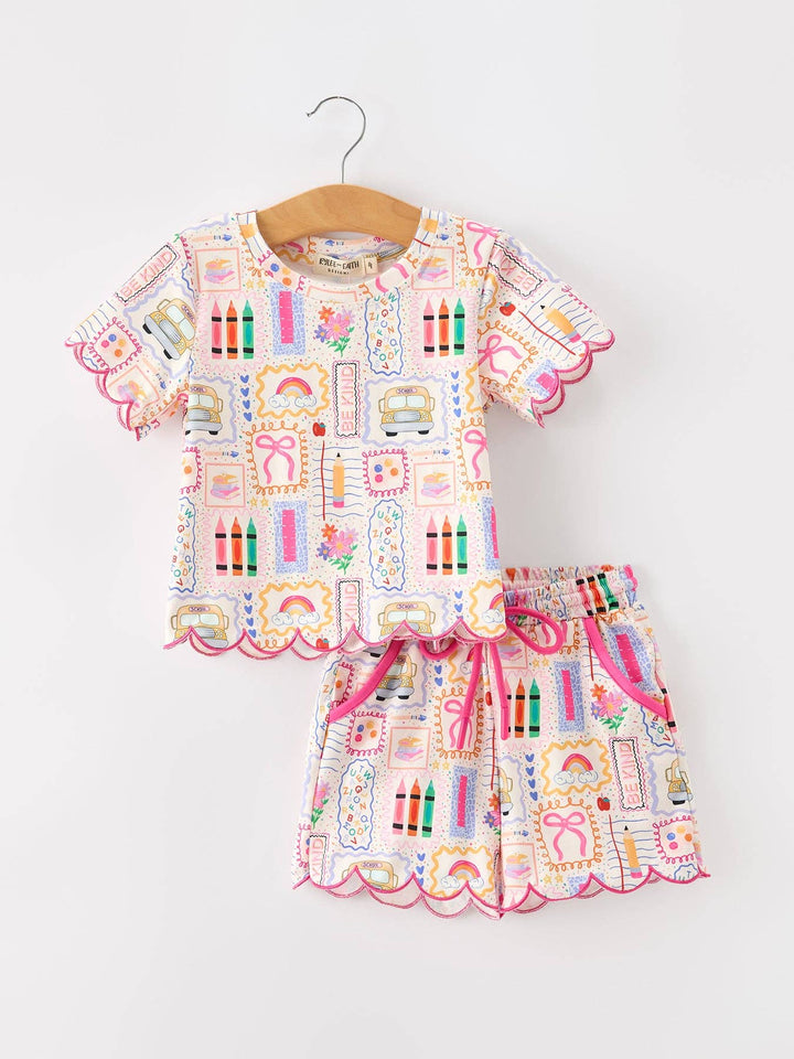 Girls Back to School Short Set with Scalloped Hem