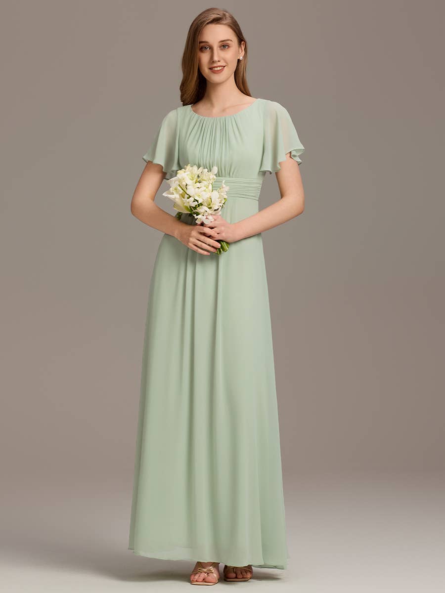 Mint Green Round Neck Pleated Bridesmaid Dress