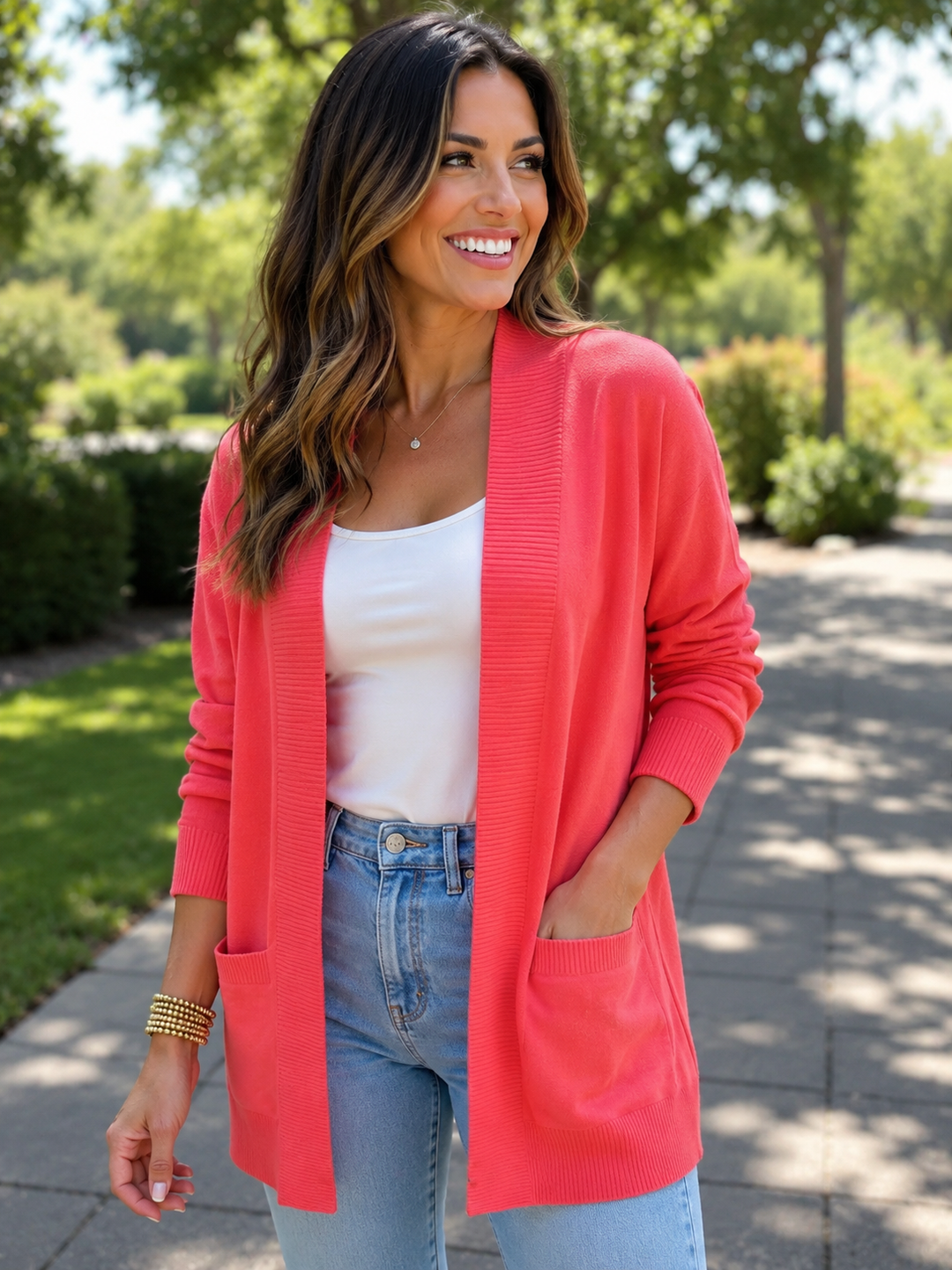 Yemak Coral Long Cardigan with Pockets