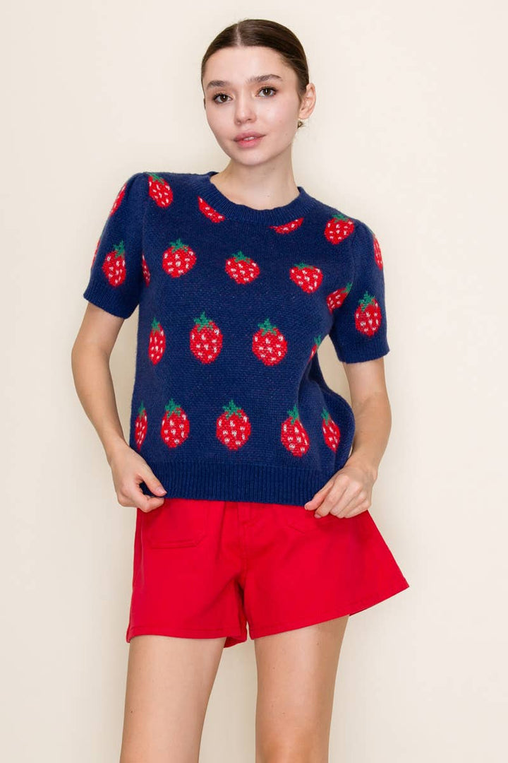 Navy Strawberry Knit Short Sleeve Top