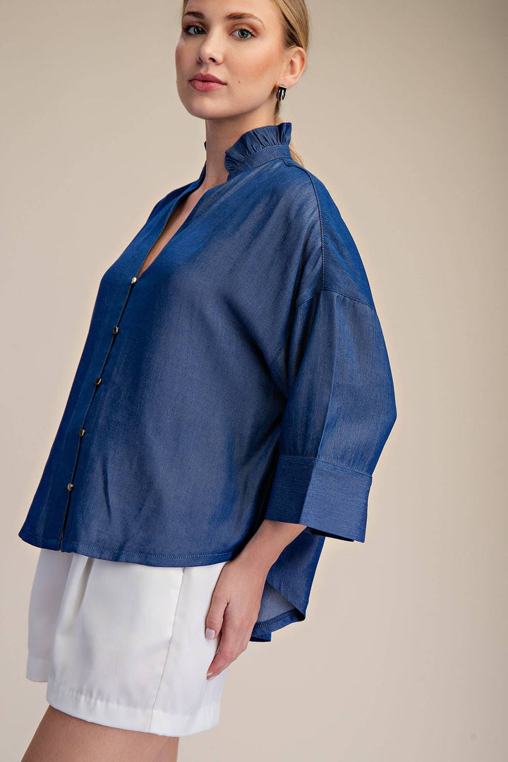 Glam Indigo Ruffle V-neck Wide Sleeve Shirt