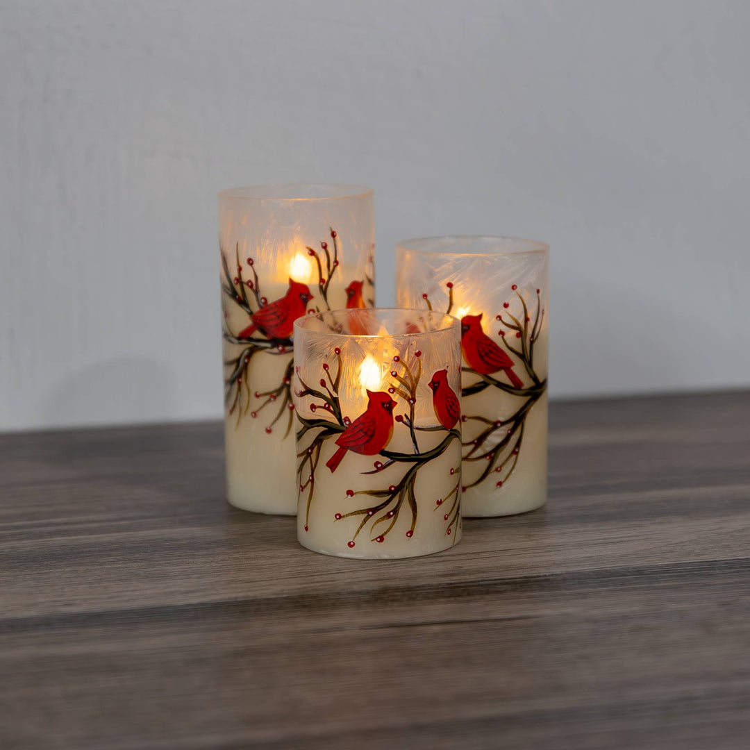 Battery-Operated Glass/Wax Candles- Red Cardinals, 3ct