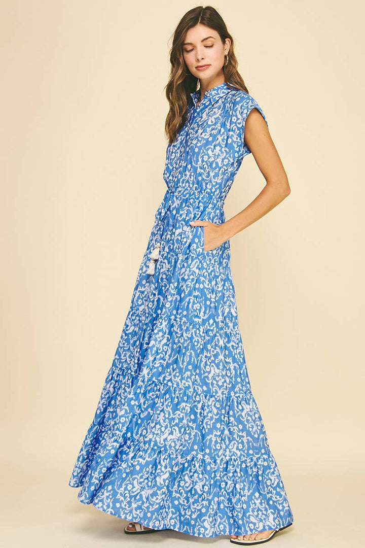 Pinch Damask Print Tiered Maxi Dress