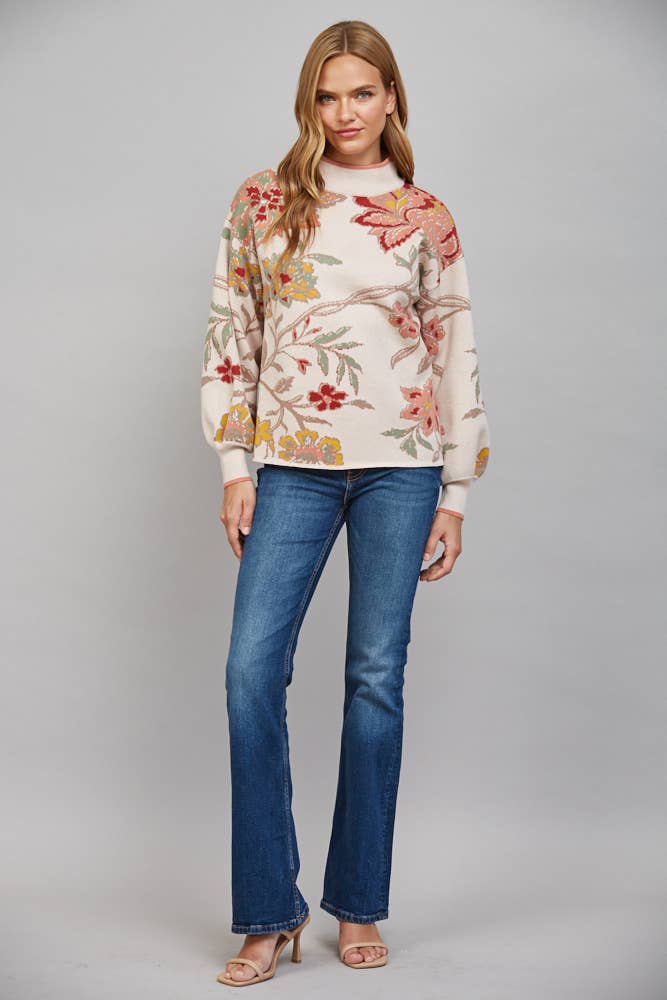 FLORAL PATTERN JACQUARD KNIT MOCK NECK SWEATER FW10926