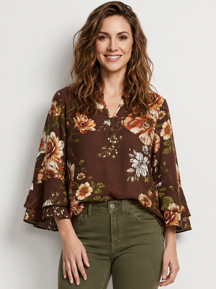 Linique Floral Ruffle Sleeve Button Front Top