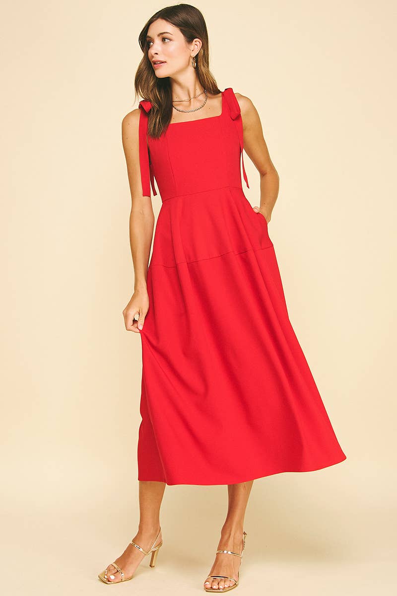 Pinch Ribbon Detailed Sleeve Midi Dress- Red