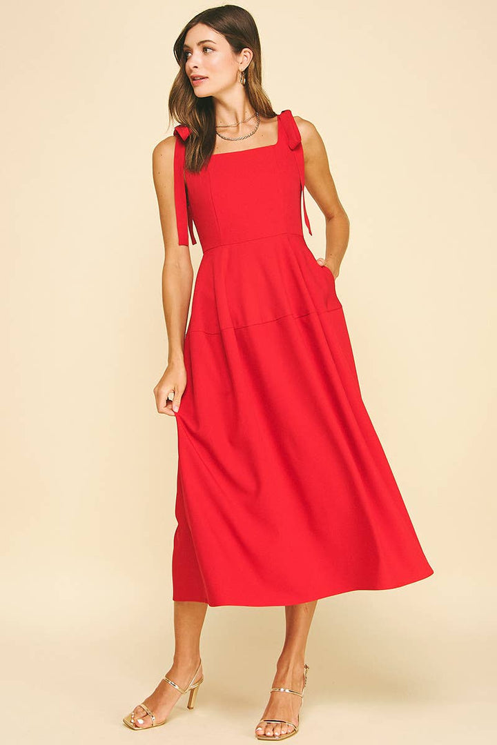Pinch Ribbon Detailed Sleeve Midi Dress- Red