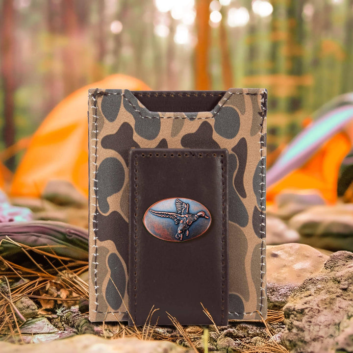 Men's Magnetic Front Pocket Old School Camo with Mallard Emblem Leather Wallet