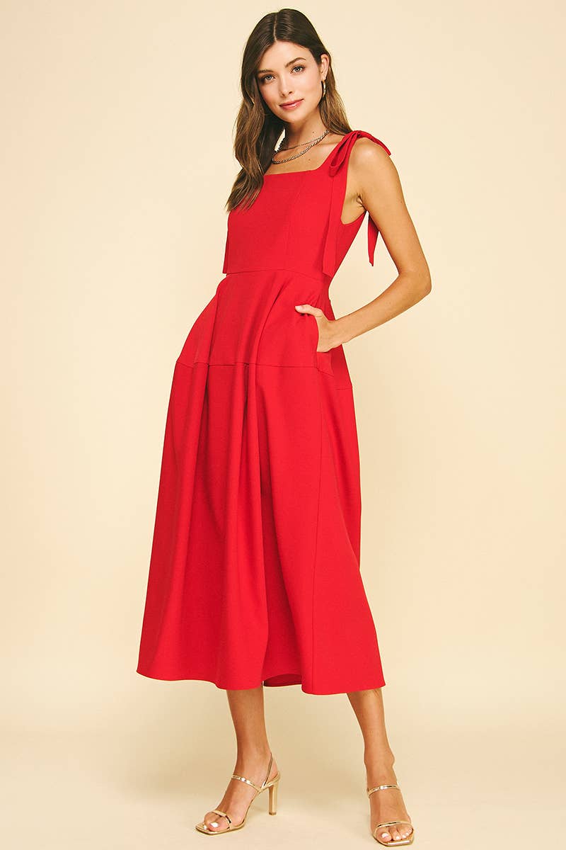 Pinch Ribbon Detailed Sleeve Midi Dress- Red