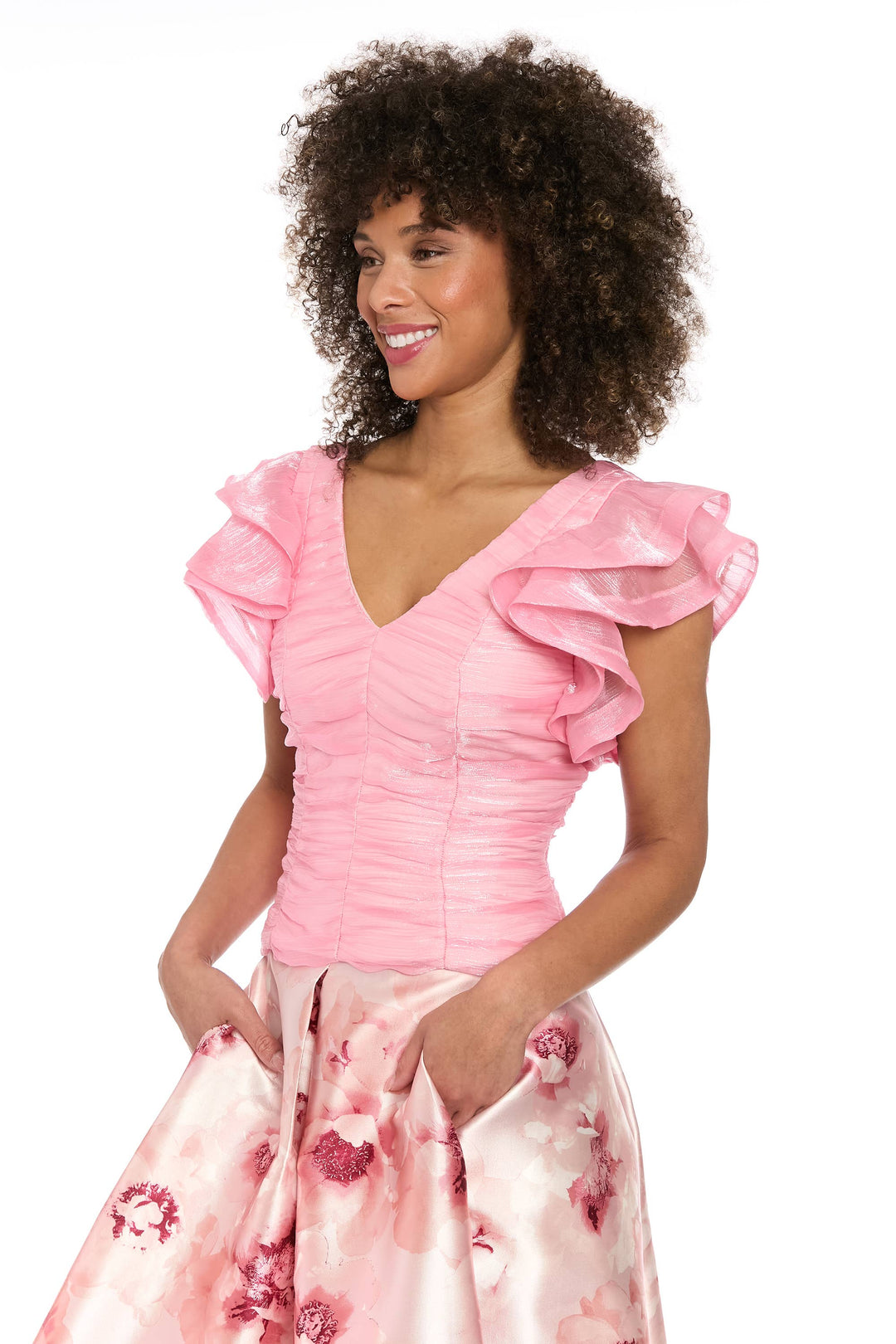 Muse V-Neck Tucked Bodice Flounce Sleeve Top
