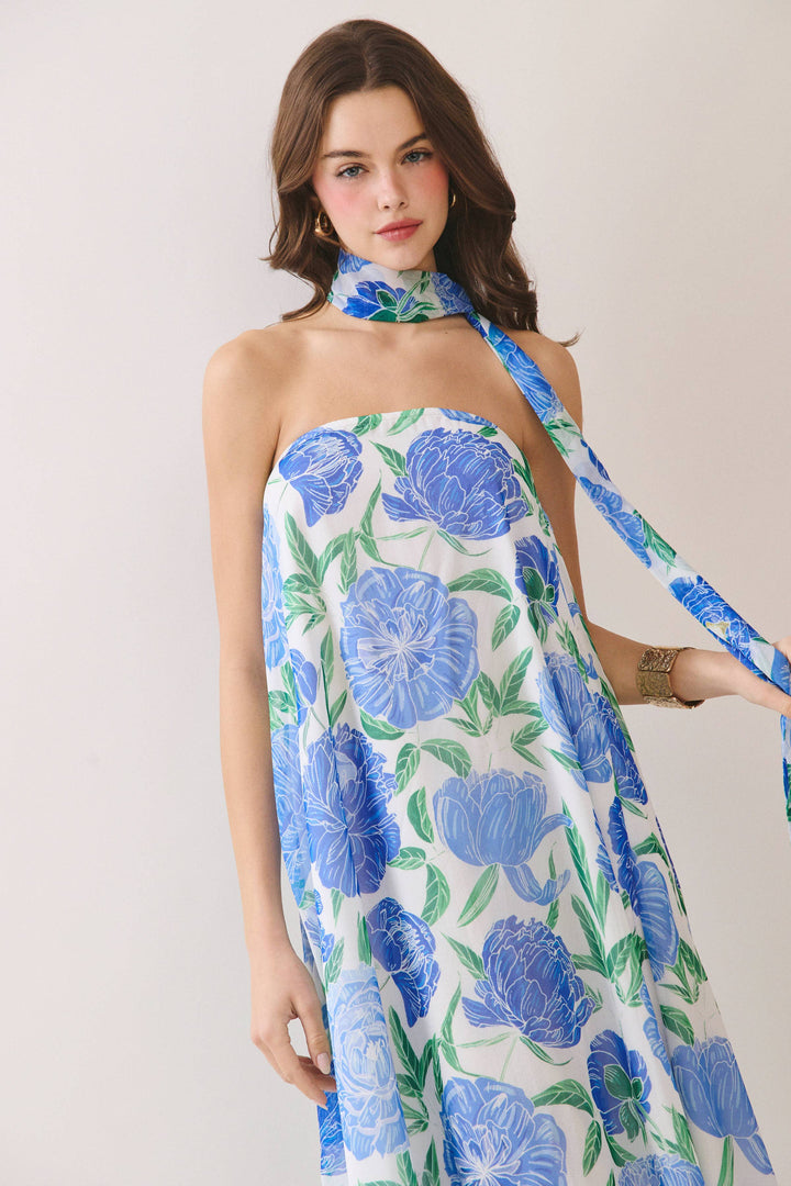 Strapless Floral Maxi Dress with Convertible Scarf