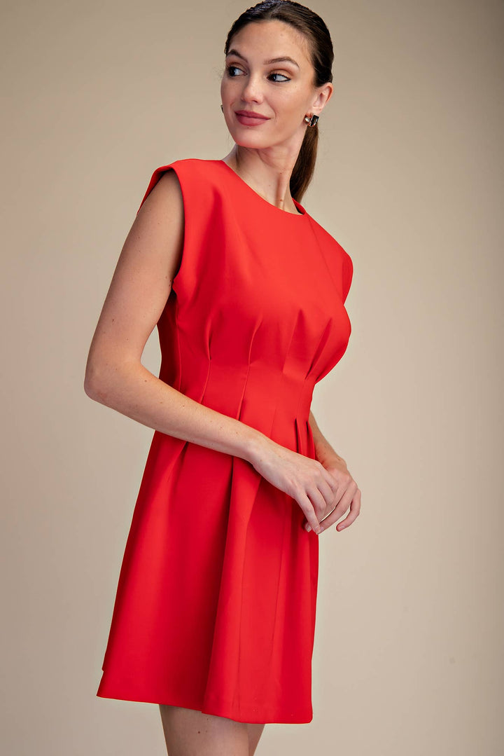 Glam Red Round Neck Waist Pleated Midi Dress