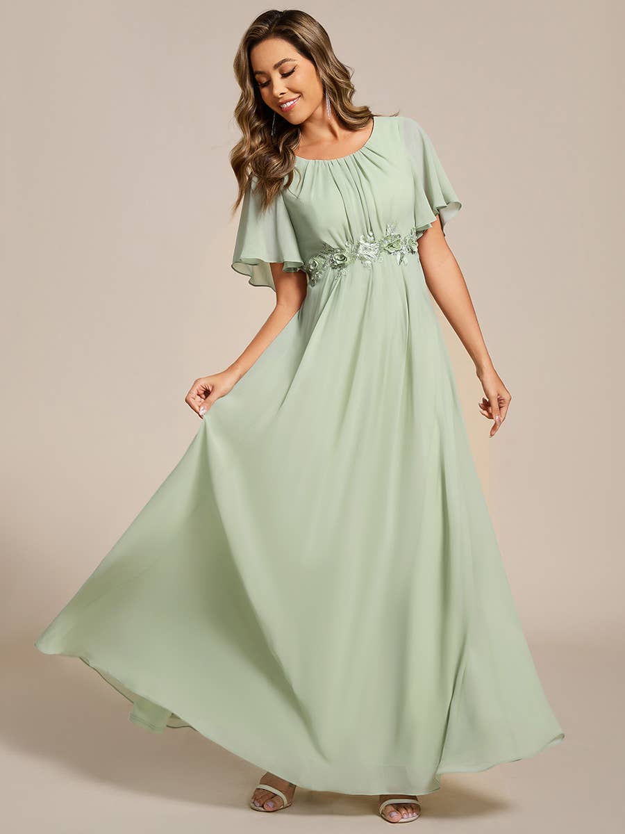 Mint Green Short Sleeves Pleated Applique Formal Evening Dress