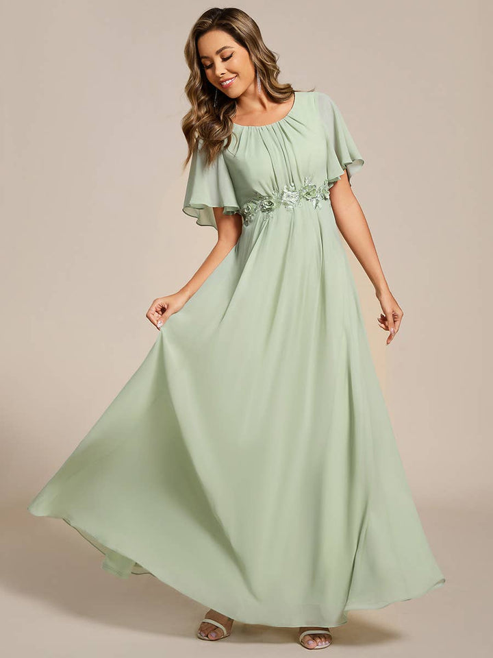 Mint Green Short Sleeves Pleated Applique Formal Evening Dress
