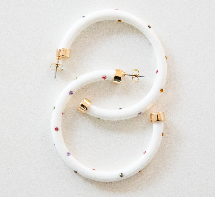 Hoo Hoops Lightweight Large Hoop Earrings - White with Rhinestones