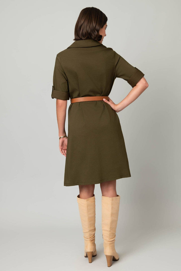 Millennium Dark Olive Button Front Roll Tab Shirt Dress