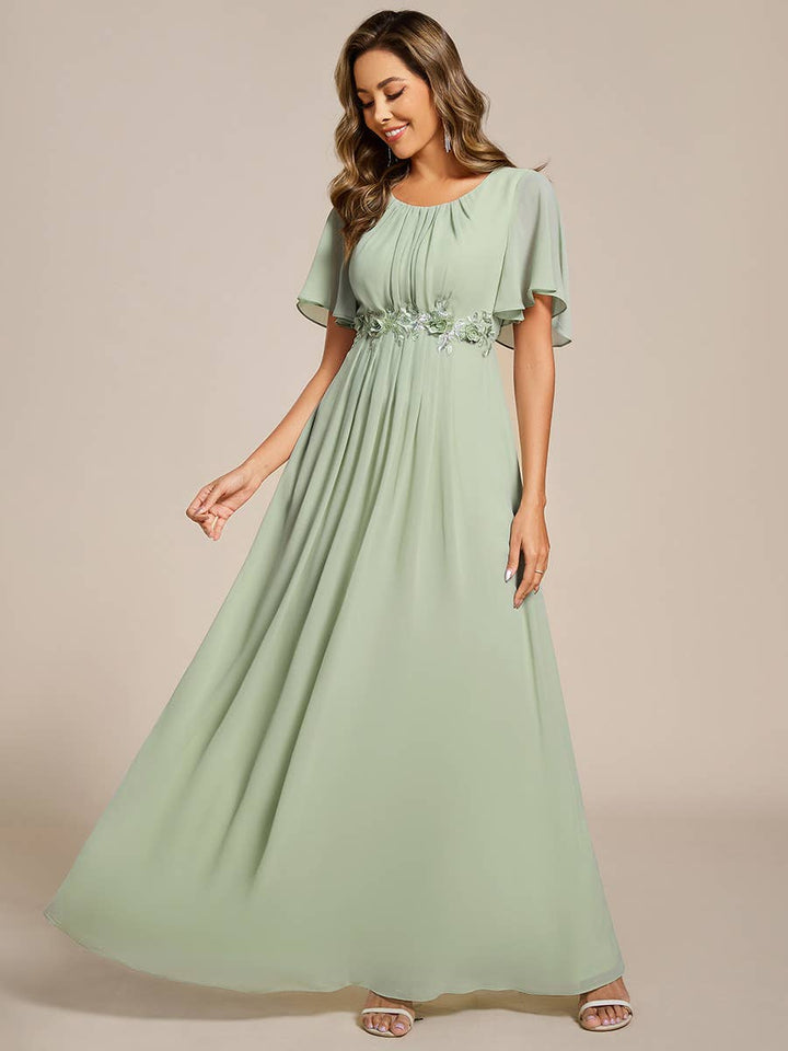 Mint Green Short Sleeves Pleated Applique Formal Evening Dress