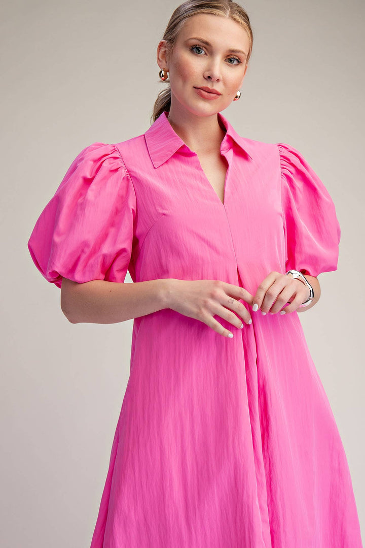 Hot Pink Collar V-Neck Puff Sleeve Pleated Midi Dress