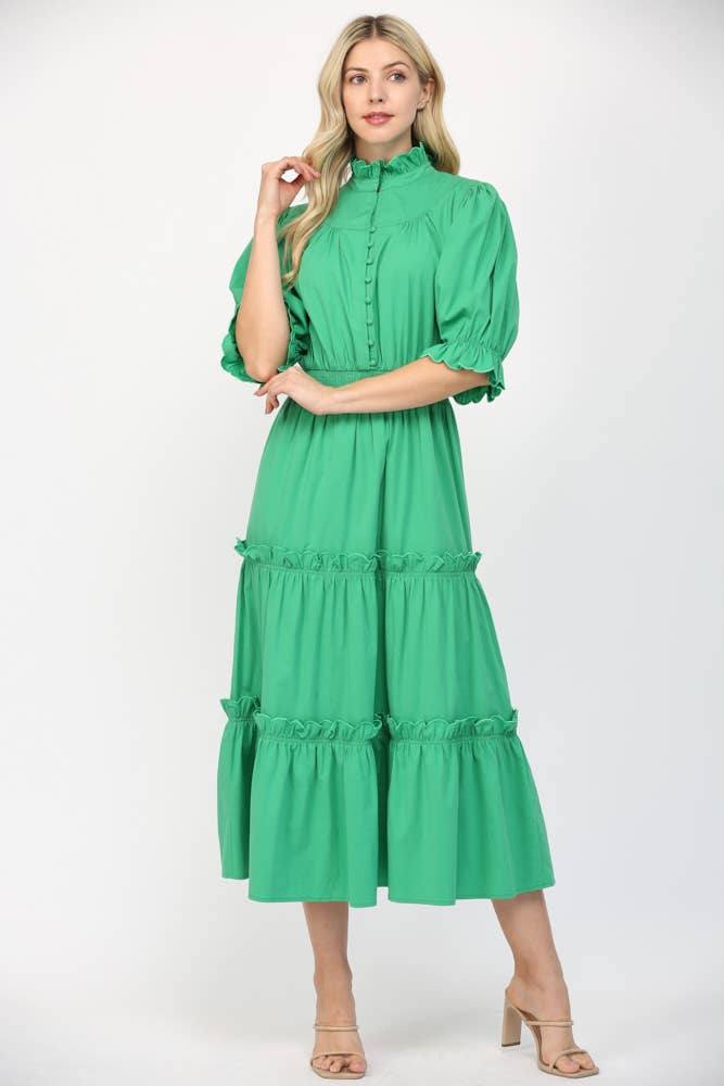 Fate Scalloped Edge Detailed Short Sleeve Maxi Dress- Green