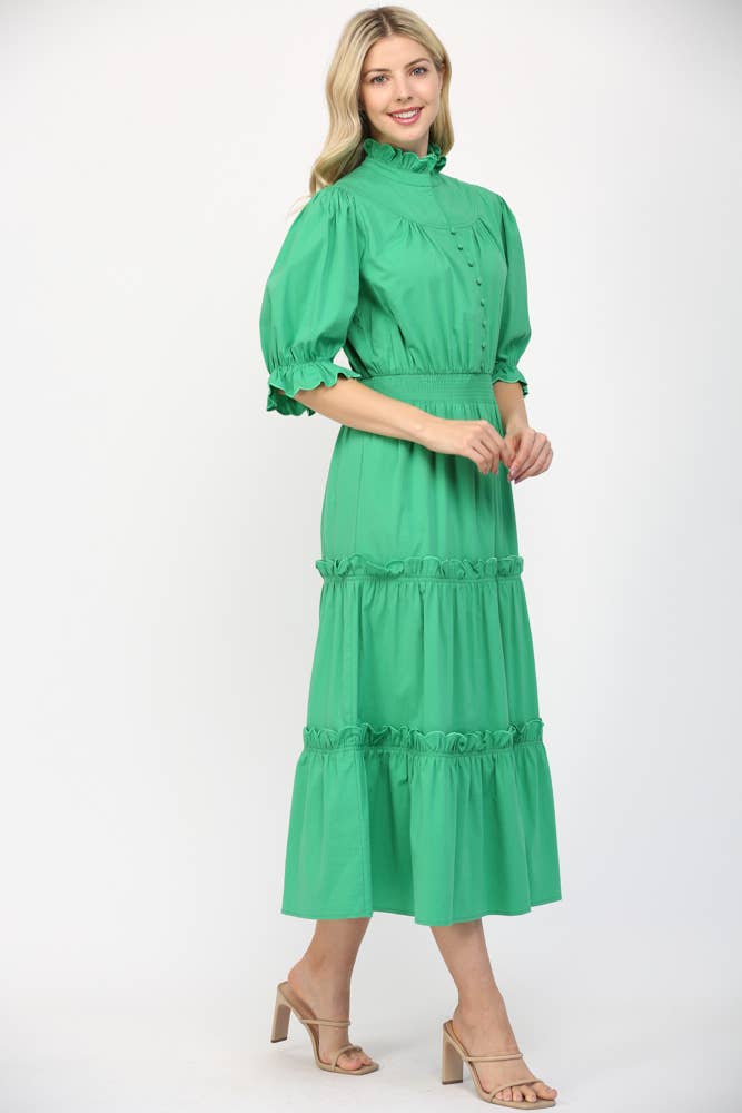 Fate Scalloped Edge Detailed Short Sleeve Maxi Dress- Green