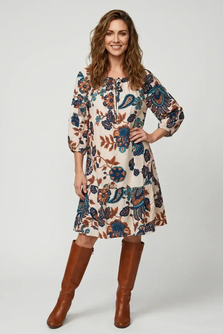 Challis Paisley Tie Front Ruffle Hem Dress