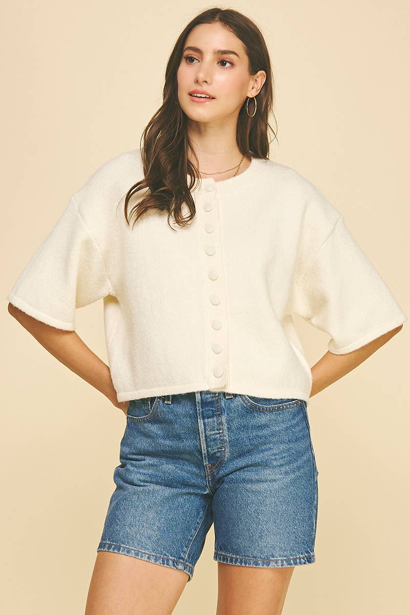 Pinch Button Down Short Sleeve Sweater