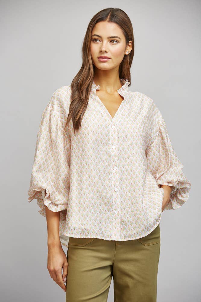 FLORAL BLOCK PRINT TENCEL BLEND RUFFLE BLOUSE FT21343