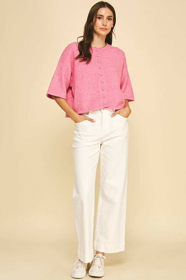 Pinch Button Down Short Sleeve Sweater