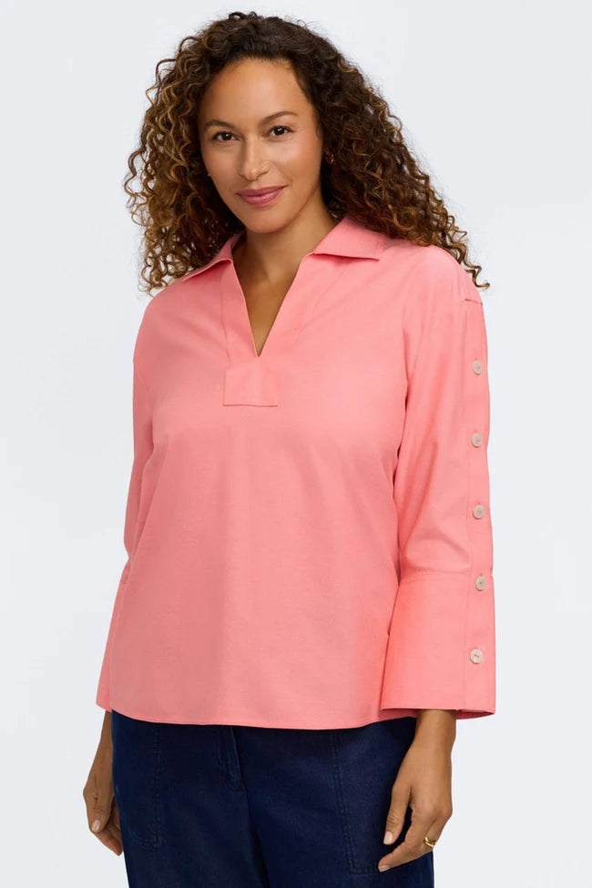 Foxcroft Coral Reef Lainey No Iron Pinpoint 3/4 Button Sleeve Shirt