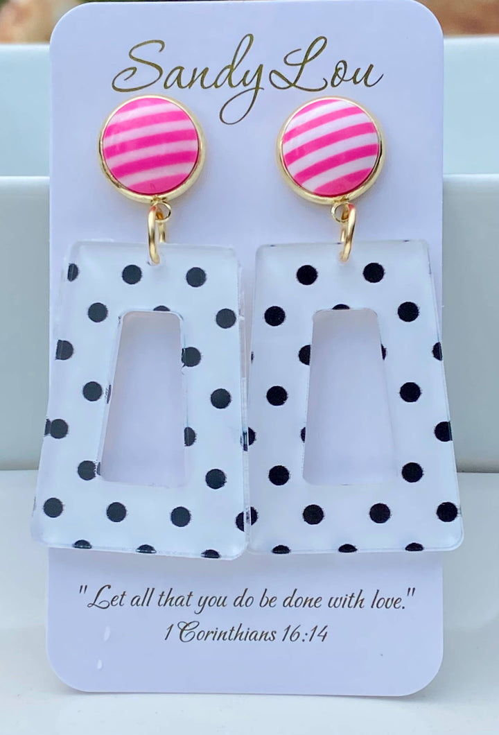 Fun Polka Dots With Pink and White Stripe Button Earrings