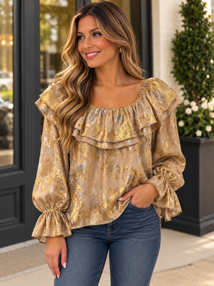 Joy Joy Gold Ruffles Shoulder Top