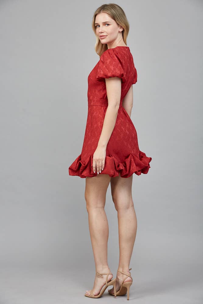 Fate Jacquard Fabric Short Puff Sleeve Ruffle Dress- Red