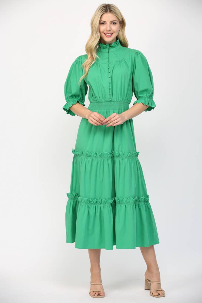 Fate Scalloped Edge Detailed Short Sleeve Maxi Dress- Green