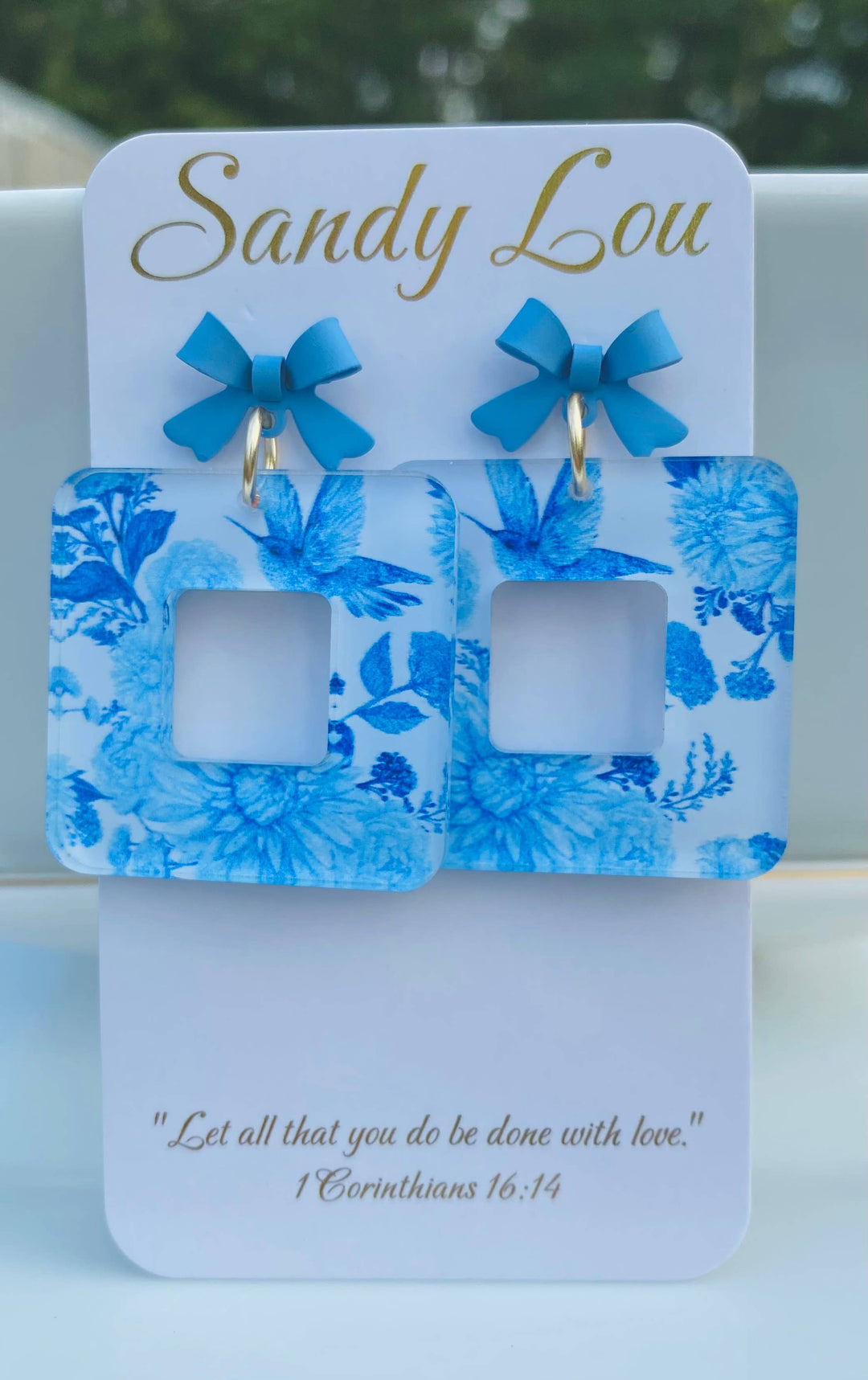Blue Chinoiserie Floral Square Acrylic Earrings bow studs