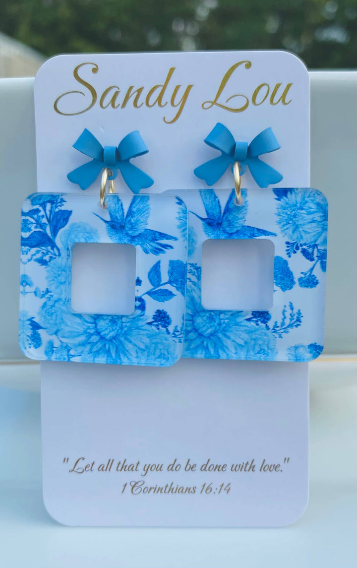 Blue Chinoiserie Floral Square Acrylic Earrings bow studs