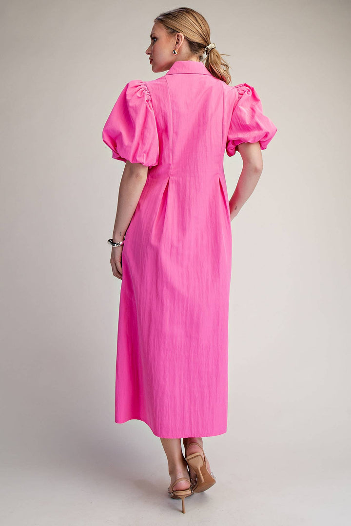 Hot Pink Collar V-Neck Puff Sleeve Pleated Midi Dress
