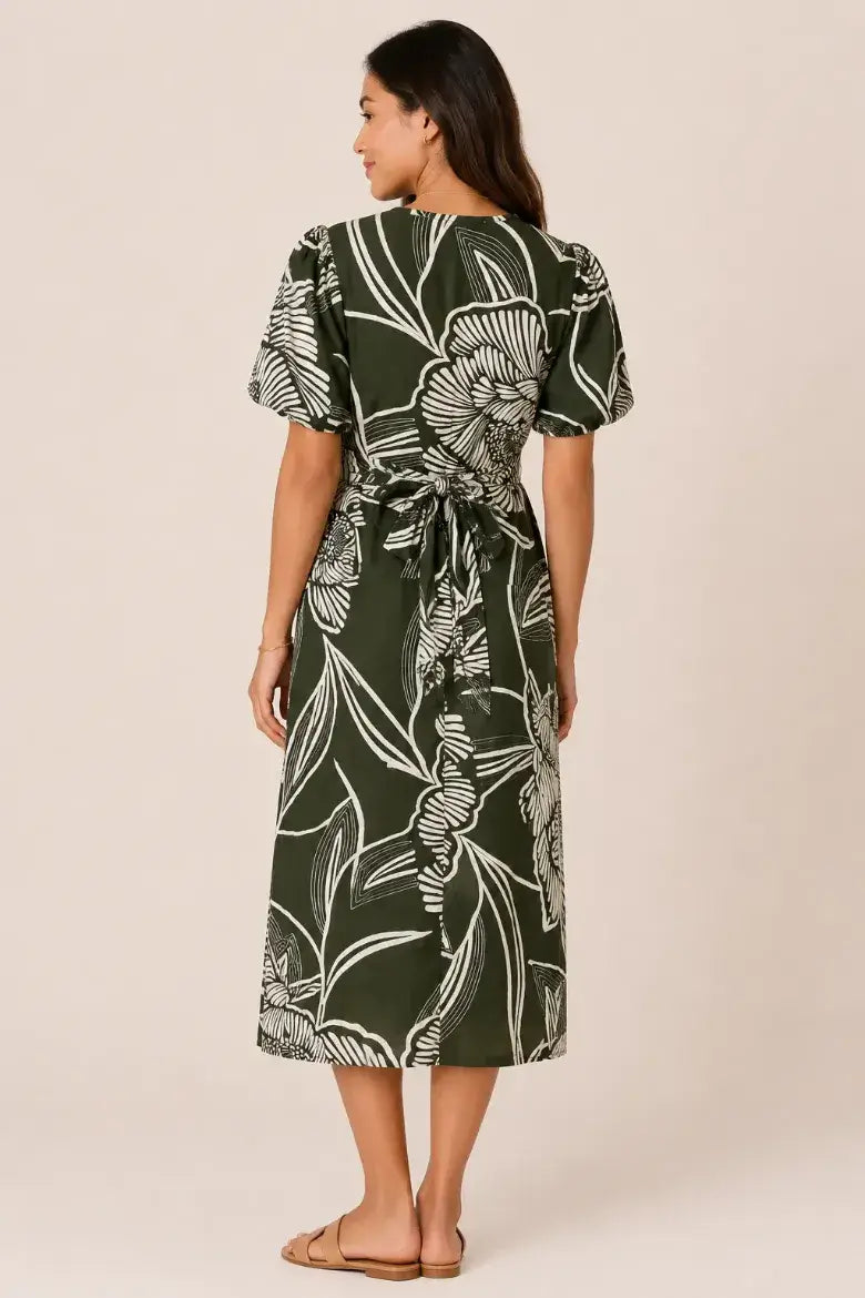 Puff Sleeve V-Neck Midi Dress