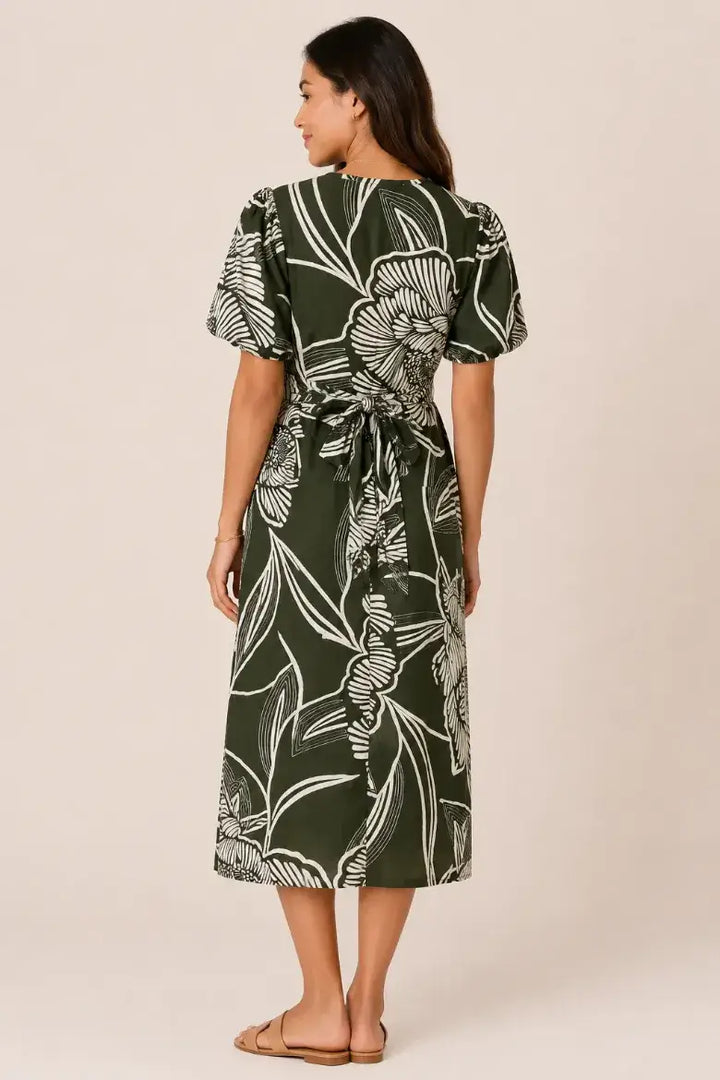 Puff Sleeve V-Neck Midi Dress
