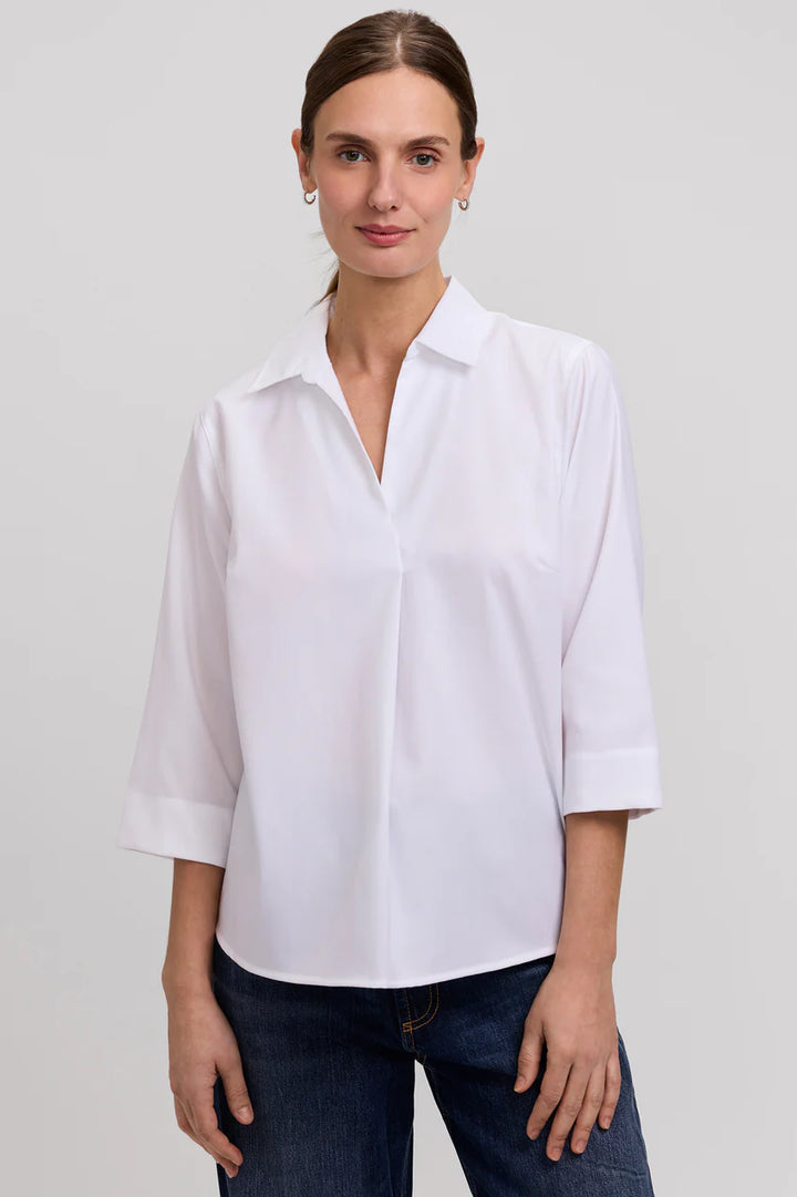 Foxcroft White Cleo Cotton Twill 3/4 Sleeve Popover Shirt