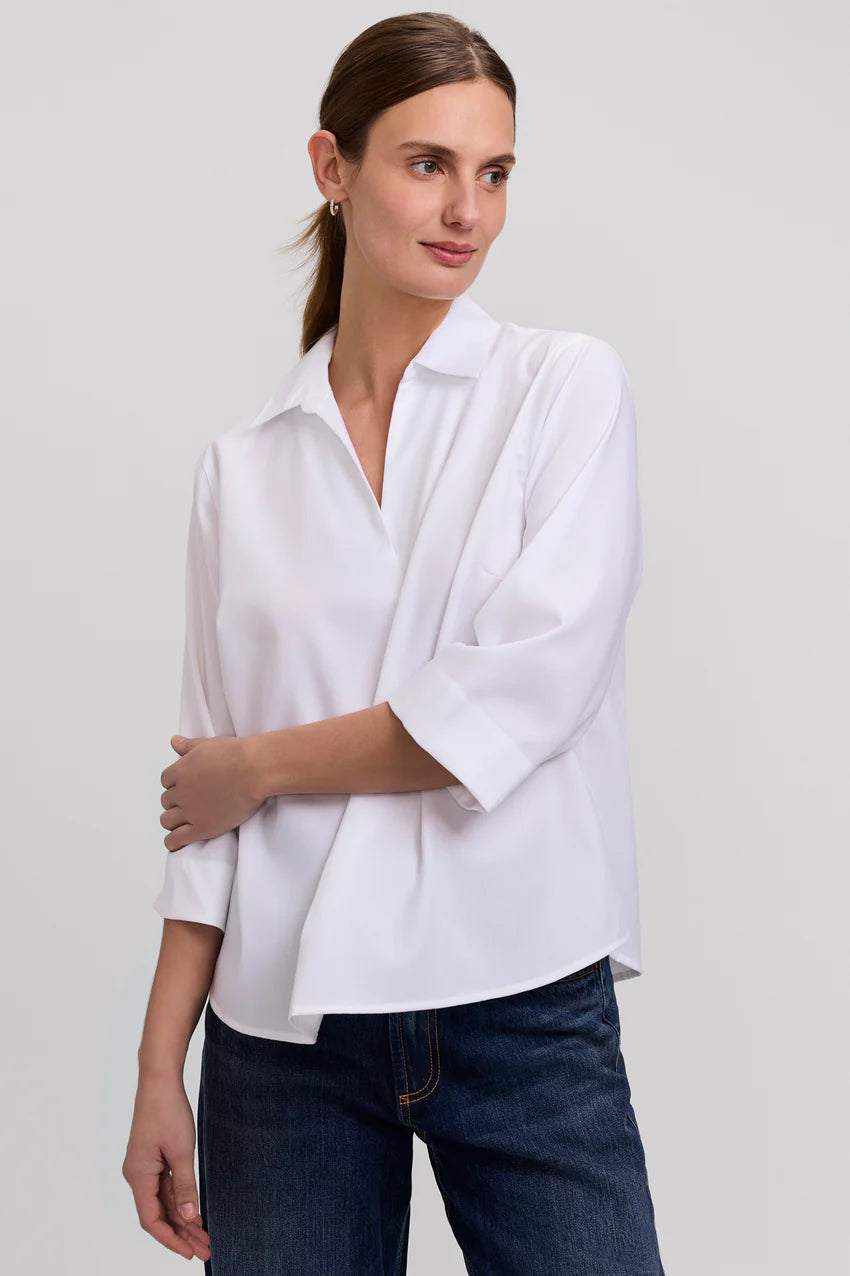 Foxcroft White Cleo Cotton Twill 3/4 Sleeve Popover Shirt